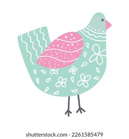 Easter chicken with white ornaments, ethnic style. Vector illustration. Flat, hand-drawn, in pastel colors. 
