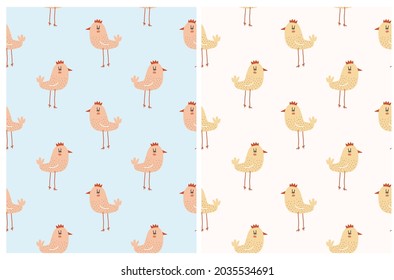 Easter Chickens. Cute Hand Drawn Seamless Vector Patterns with Little Chickens. Lovely Repeatable Print with Yellow Birds on a Pastel Blue and Beige Background. Infantile Style Easter Patterns. 
