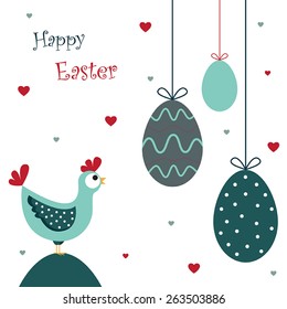 Easter chickens and easter eggs. Vector illustration with text.