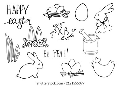 Easter chickens. Spring chick, easter eggs, shell, rabbit ears, flowers isolated set of vector linear illustrations. Congratulations and gifts for Easter in black and white style.