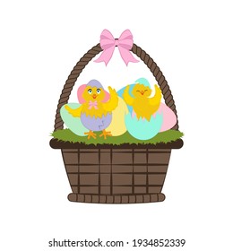 Easter chicks in basket vector illustration on the white background.