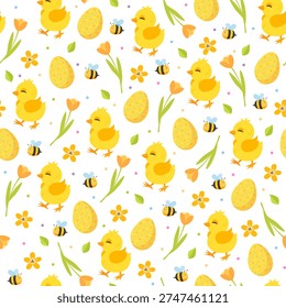 Easter Chicks and Bees Seamless Pattern; Cute Spring Pattern with Yellow Chickens, Flowers and Painted Eggs, Vector Holiday Background for Baby Textile and Nursery Decor.