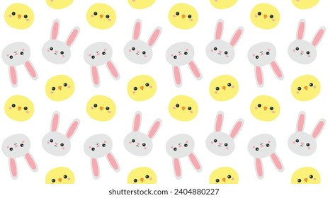 Diversión de chicles de Pascua con conejos: Filas alternantes de pollitos amarillos y conejillos grises con huevos de Pascua