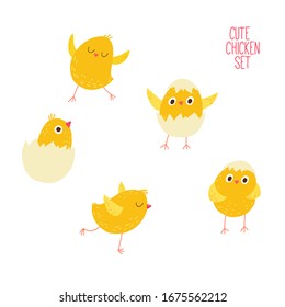 Easter chicks. Chicken coming out of egg. Cartoon vector hand drawn eps 10 illustration isolated on dark background in a flat style.