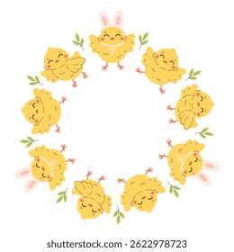 Os filhotes de Páscoa circulam. Bela mão desenhada Páscoa pintos em torno quadro em estilo doodle. Modelo circular. Ilustração vetorial em estilo plano