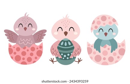 Los pollitos de Pascua clipart. Pollo clipart. Feliz Pascua clip art en estilo plano de dibujos animados, perfecto para scrapbooking, pegatinas, etiquetas, tarjetas de felicitación, invitaciones, decoración. Dibujado a mano ilustración vectorial.