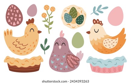 Los pollitos de Pascua clipart. Pollo clipart. Feliz Pascua clip art en estilo plano de dibujos animados, perfecto para scrapbooking, pegatinas, etiquetas, tarjetas de felicitación, invitaciones, decoración. Dibujado a mano ilustración vectorial.