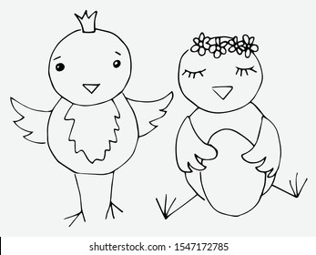 Easter chicks, doodle style, line art. Coloring page for kids, illustration books and greeting card.