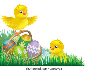 An Easter chicks and Easter egg basket isolated corner design element