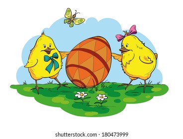 Easter Chicks with Easter Egg on the Meadow