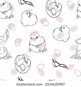 Easter Chicks and Eggs Seamless. Hand-Drawn Birds, Chicks, and Eggshells Design