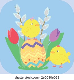 Easter chicks, Happy Easter, Easter egg, spring holiday graphic illustration, cute decor, graphic design greeting card, flyer, spring flowers