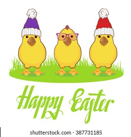 Easter chicks illustration, card. Yellow bird