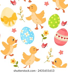 Easter chicks seamless pattern. Celebrate the joys of spring with the Chirpy Easter Celebration Pattern, featuring adorable chicks, decorated Easter eggs, and vibrant spring flowers.