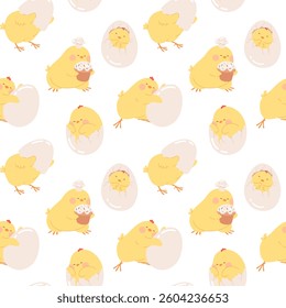 Easter chicks seamless pattern. Happy Easter background with cute newborn yellow chicks vector illustration for invitations, banner, gift wrapping, wallpaper, kids' textiles, packaging, greeting card.