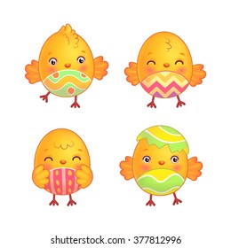 Easter chicks set. Cute easter chickens with painted belly. Isolated illustration on white background in vector.
