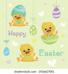 Easter. Chicks in shells of eggs and the Easter eggs