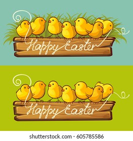 Easter chicks sitting on wooden ribbon banner. Happy Easter greeting card
