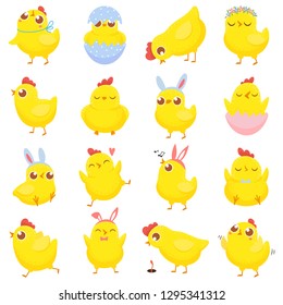 Easter chicks. Spring baby chicken, cute yellow chick and funny chickens. Newborn chicks birds character in eggs shell. Isolated cartoon vector illustration icons set