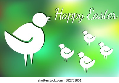 Easter chicks wishing Happy Ester on blurred background