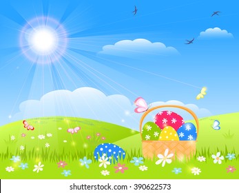 easter childish card -  basket with colorful eggs,  green grass with flowers, butterfly, bird, blue sky with sunny rays, vector illustration