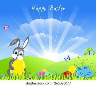 easter childish card - joy bunny with yellow egg sitting on green grass, near - flowers and several eggs, butterfly, trees, blue sky with sunny rays, vector illustration