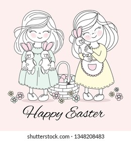 EASTER CHILDREN Great Religious Holy Holiday Cartoon Girl Vector Illustration Set