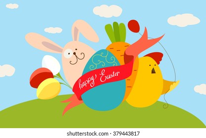 Easter. Children postcard for Easter. Cute colorful Easter card. Easter eggs vector flat syle. With rabbits, eggs, chickens, flowers. Vector