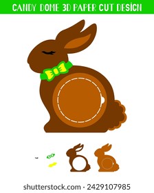 Easter Chocolate Bunny Candy Dome holder. Paper cut template. Vector illustration. Cute holiday symbol. 3D layered Easter ornament for sweets. Isolated on white background.