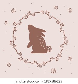 Easter Chocolate Bunny in floral wreath vector illustration. Illustration of spring rabbit in flower frame motif. Happy Easter art for Christian spring holidays.