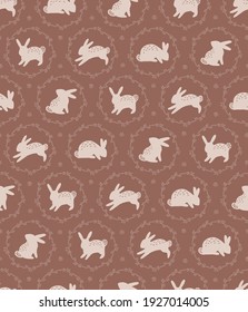 Easter Chocolate Bunny vector seamless pattern. Illustration of spring rabbit in floral wreath for textile or wrapping surface. Happy Easter ornament for Christian spring holidays.