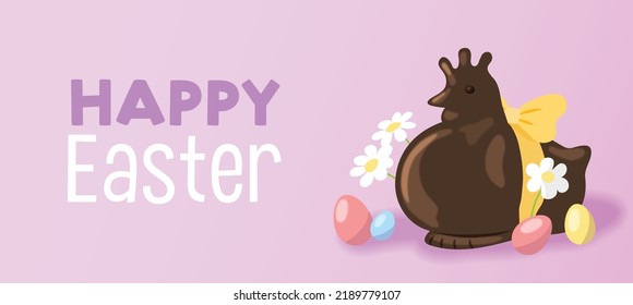 Easter chocolate chicken or hen with easter eggs vector illustration banner with decorative flowers. Springtime easter sales poster.