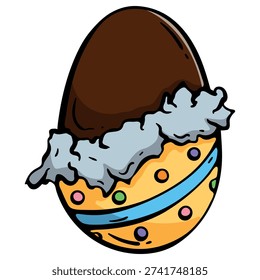Easter chocolate egg partially wrapped in decorative yellow foil. Hand drawn doodle style for healthy confectionery branding, organic candy shop menus, festive spring holiday cards, social media posts and eco friendly gift shop designs.