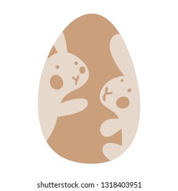 Easter Chocolate egg with picture of Two cute little bunny inside. Easter or Kid Vector Illustration. Soft pastel brown colors.