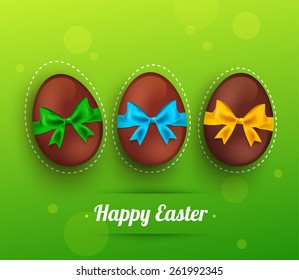 Easter chocolate egg with ribbon on green background. Vector illustration.