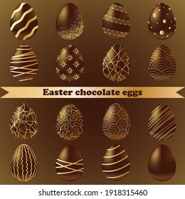 Easter chocolate eggs. Set of 16 eggs. Vector illustration.
