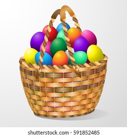 Easter chocolate eggs,egg in Wicker basket with hunter rabbit easter ,bow and ribbon isolated on white background . Happy easter hunt card,chocolate background. Happy easter Vector illustration.