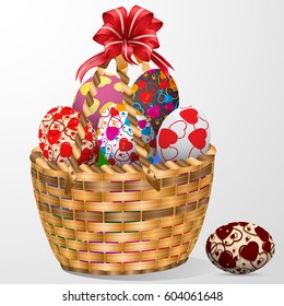 Easter chocolate eggs,egg in Wicker basket with hunter rabbit easter ,bow and ribbon isolated on white background . Happy easter hunt card,chocolate background. Happy easter Vector illustration.