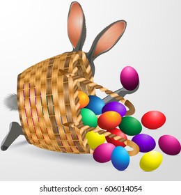 Easter chocolate eggs,egg in Wicker basket with hunter rabbit banny easter ,bow and ribbon isolated on white background . Happy easter hunt card,chocolate background. Happy easter Vector illustration.