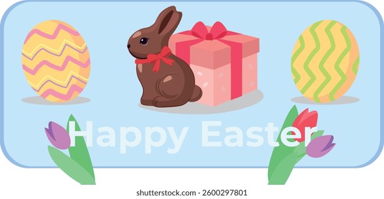 Easter chocolate rabbit, Happy Easter, Easter egg, spring holiday graphic illustration chocolte rabbit cute decor, greeting card, bakery, cooking, flyer