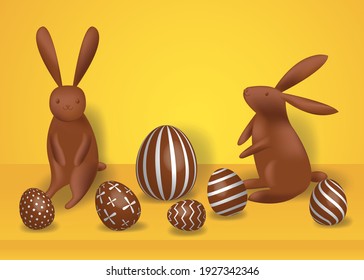 Easter chocolate rabbits with easter egg. 3d holiday elements isolated on yellow background. 3d realistic vector