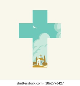 Easter Christian cross with cartoon Church landscape. Decorative vector illustration with a small Church and sky with clouds inside the cross. Religious symbol, t-shirt design, graphic design element