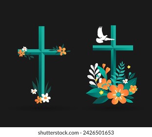 Easter christian cross with floral elements, easter decoration. 
Christian design for print