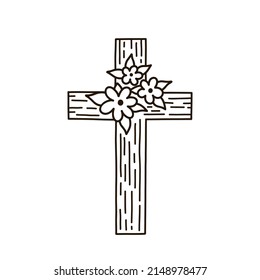 Cruz cristiana de Pascua con flores aisladas en fondo blanco. Ilustración de vectores dibujada a mano en estilo doodle. Perfecto para diseños de vacaciones, tarjetas, logotipo, decoraciones, invitaciones.