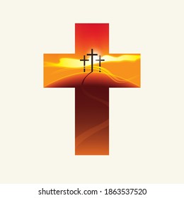 Easter Christian cross with landscape inside, isolated on a light background. Decorative vector illustration with three crosses on a hill at sunset. Religious symbol, t-shirt design, design element