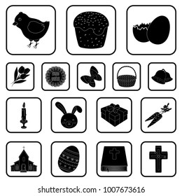 Easter is a Christian holiday black icons in set collection for design. Easter attributes vector symbol stock web illustration.