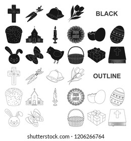 Easter is a Christian holiday black icons in set collection for design. Easter attributes vector symbol stock web illustration.