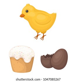 Easter is a Christian holiday cartoon icons in set collection for design. Easter attributes vector symbol stock web illustration.