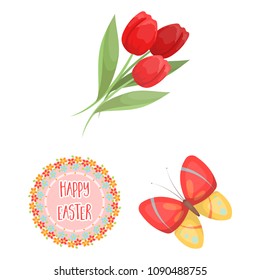 Easter is a Christian holiday cartoon icons in set collection for design. Easter attributes vector symbol stock web illustration.