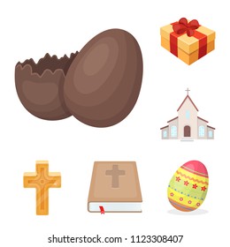 Easter is a Christian holiday cartoon icons in set collection for design. Easter attributes vector symbol stock web illustration.